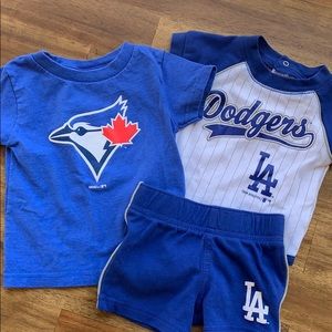 Baby baseball apparel. Dodgers and blue jays